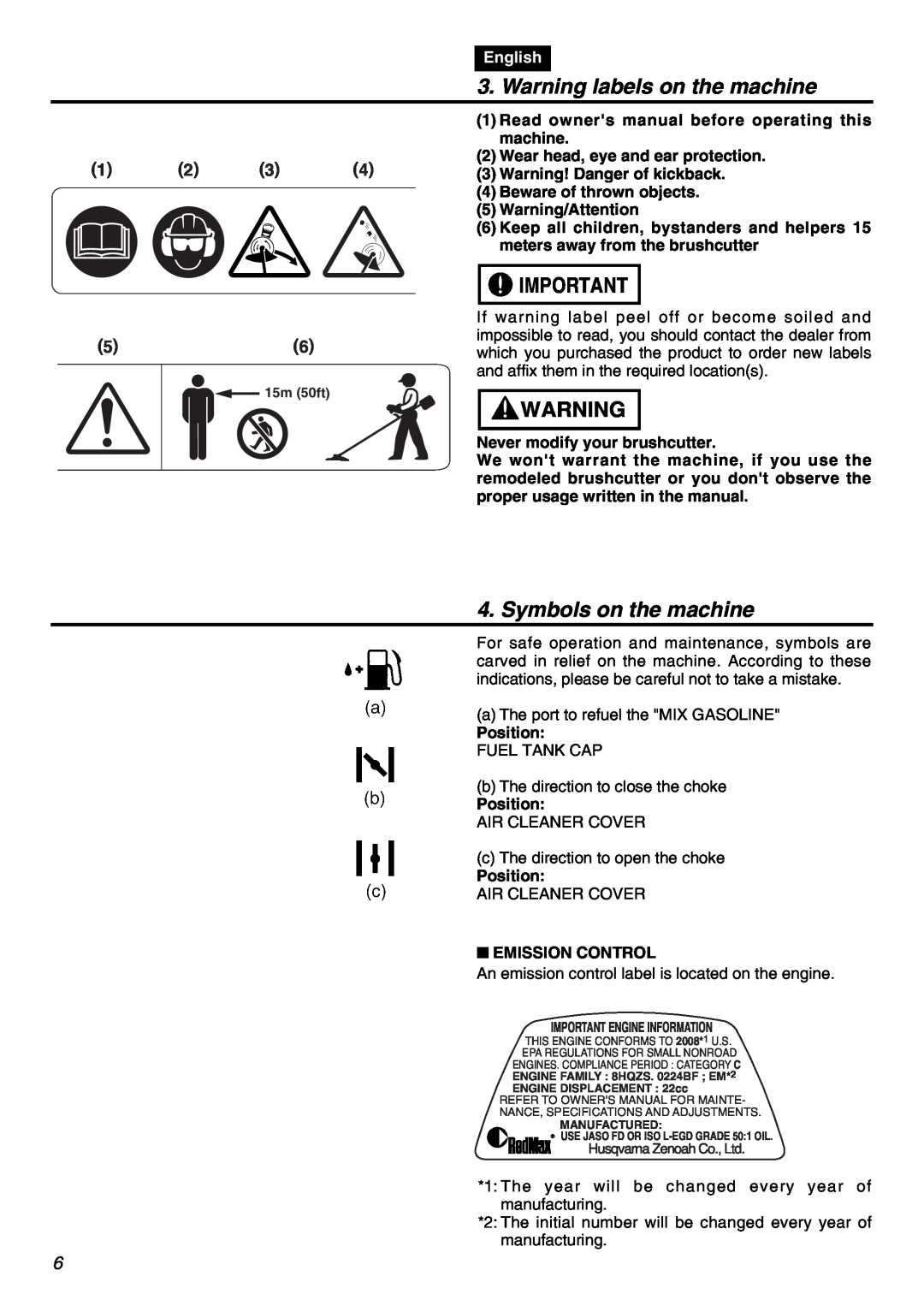 Zenoah TR2301S manual Warning labels on the machine, Symbols on the machine, English 