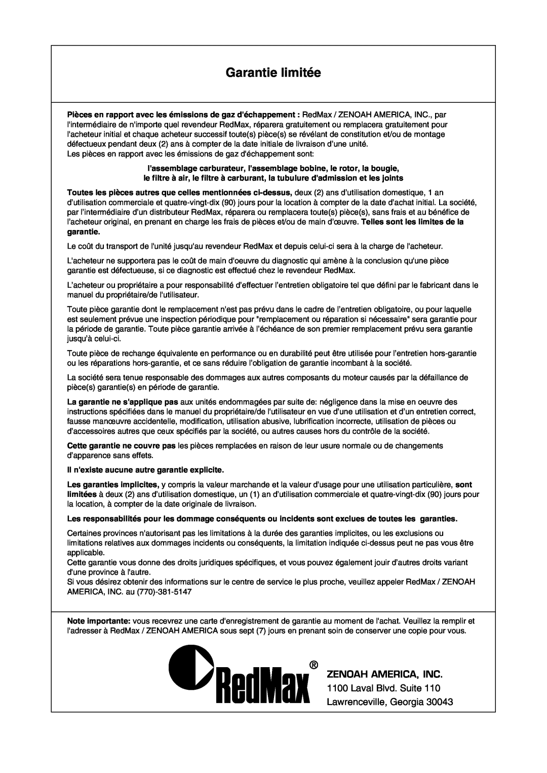 Zenoah TR2301S manual Garantie limitée, Zenoah America, Inc, Il nexiste aucune autre garantie explicite 