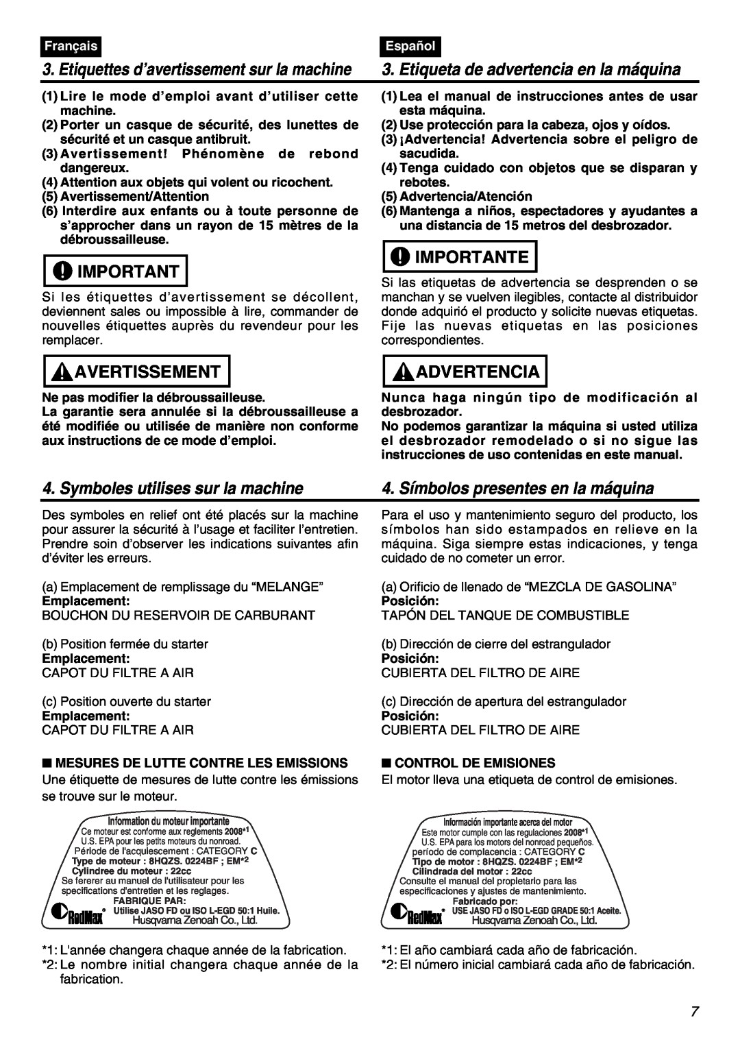 Zenoah TR2301S Symboles utilises sur la machine, 4. Símbolos presentes en la máquina, Importante, Avertissement, Français 