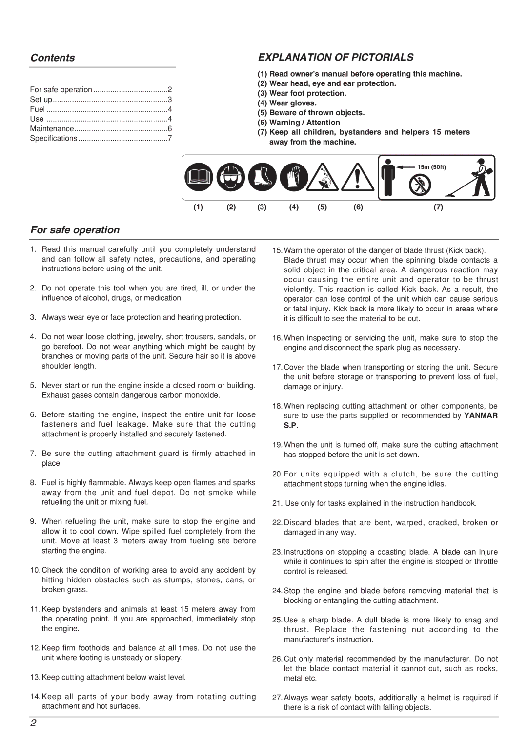 Zenoah YM 415 DW manual Contents, For safe operation 