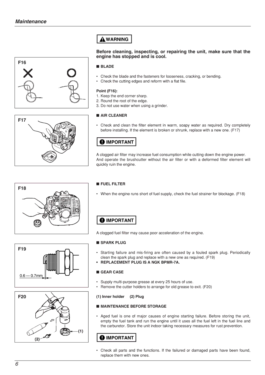 Zenoah YM 415 DW manual Maintenance 