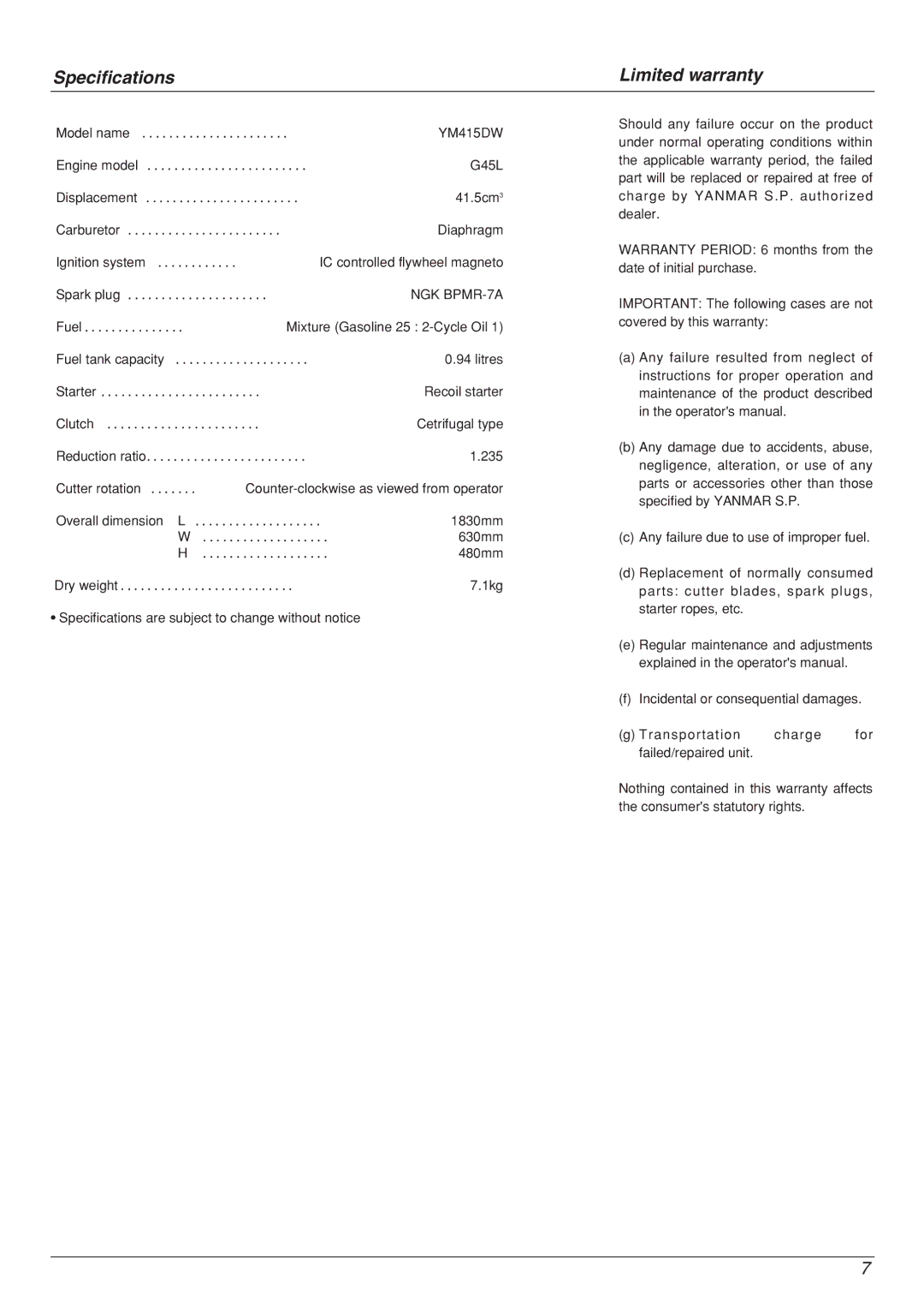 Zenoah YM 415 DW manual Specifications Limited warranty 