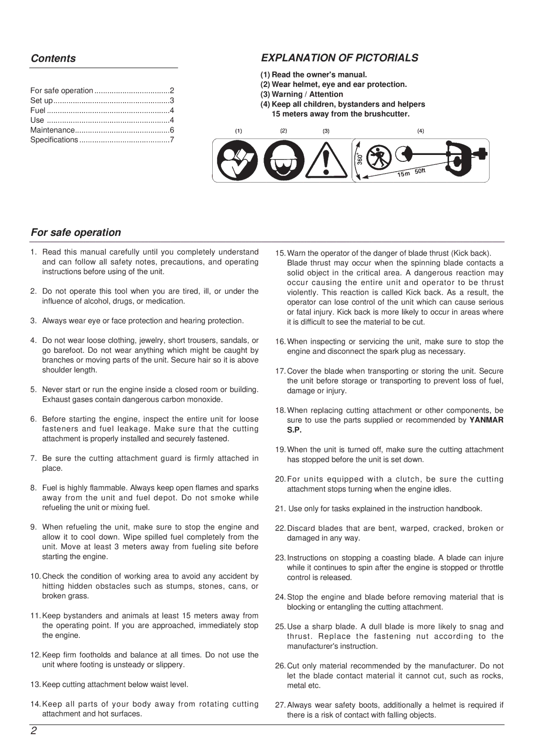 Zenoah YM415FW manual Contents, For safe operation, Wear helmet, eye and ear protection 