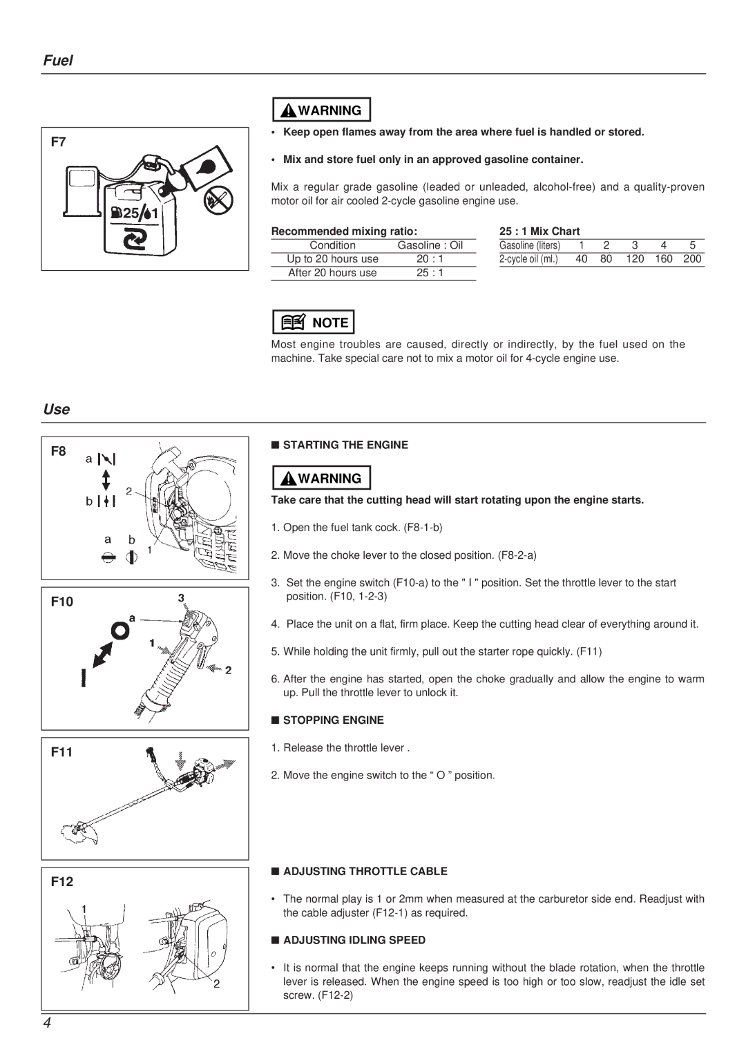 Zenoah YM415FW manual Fuel Use, Starting the Engine, Stopping Engine, Adjusting Throttle Cable, Adjusting Idling Speed 