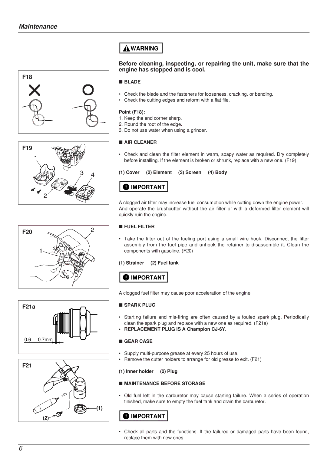 Zenoah YM415FW manual Maintenance 