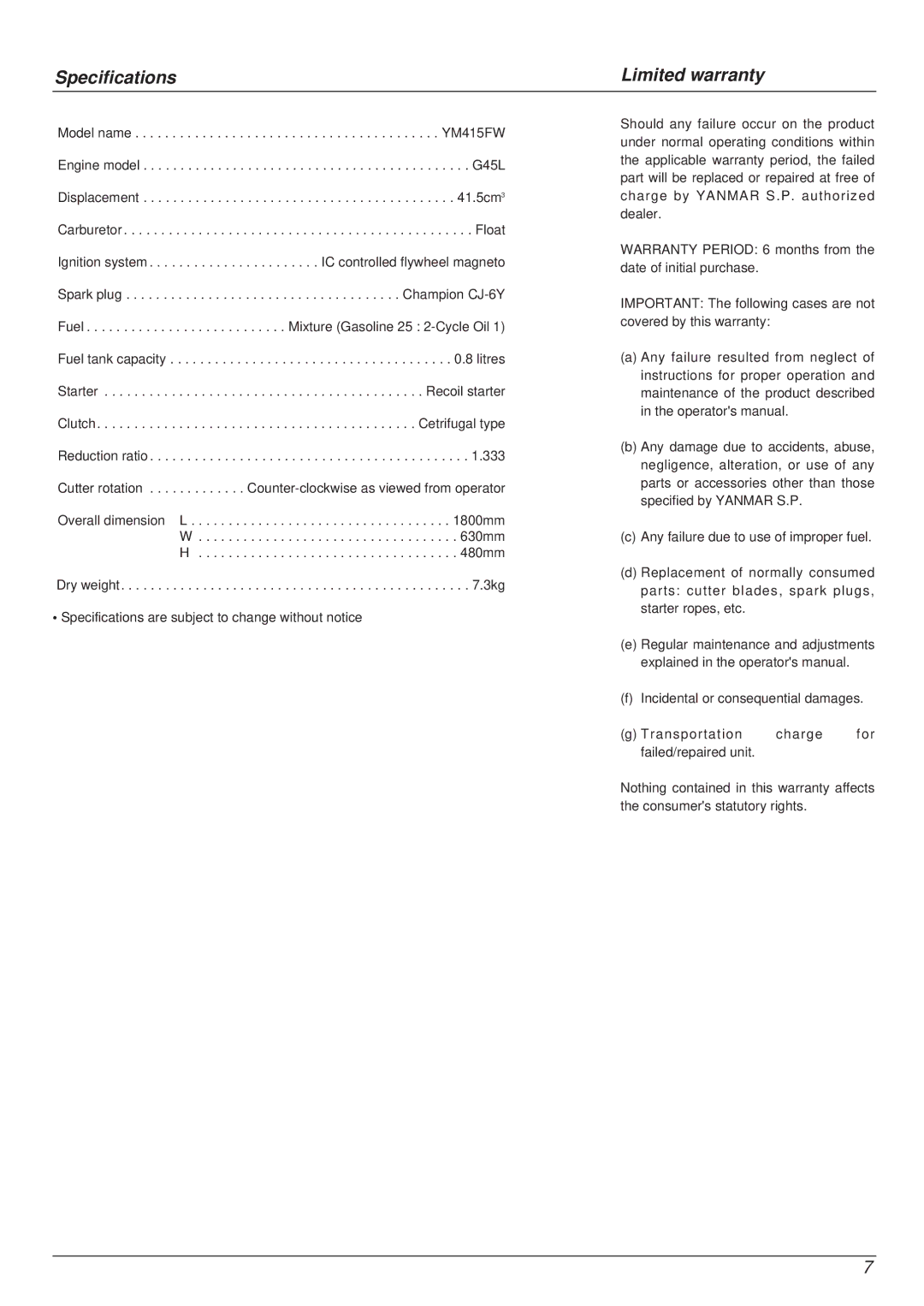 Zenoah YM415FW manual Specifications Limited warranty 