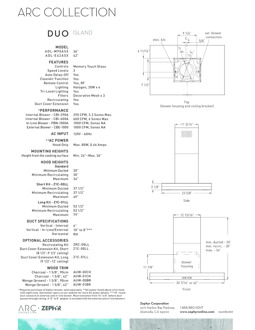 Zephyr ADL-E42ASX Model, Features, Performance, AC Input, AC Power, Mounting Heights, Hood Heights, Duct Specifications 