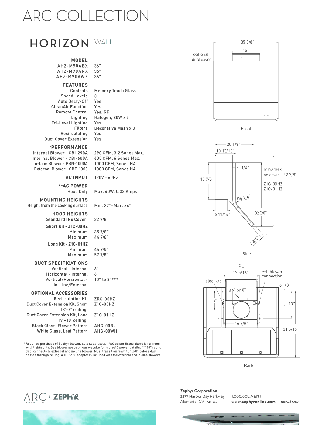 Zephyr AHZ-M90AWX, AHZ-M90ABX, AHZ-M90ARX manual Horizon Wall 