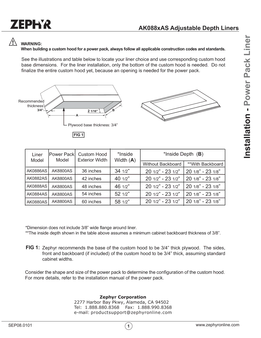 Zephyr dimensions Installation Power Pack Liner, AK088xAS Adjustable Depth Liners, Zephyr Corporation 