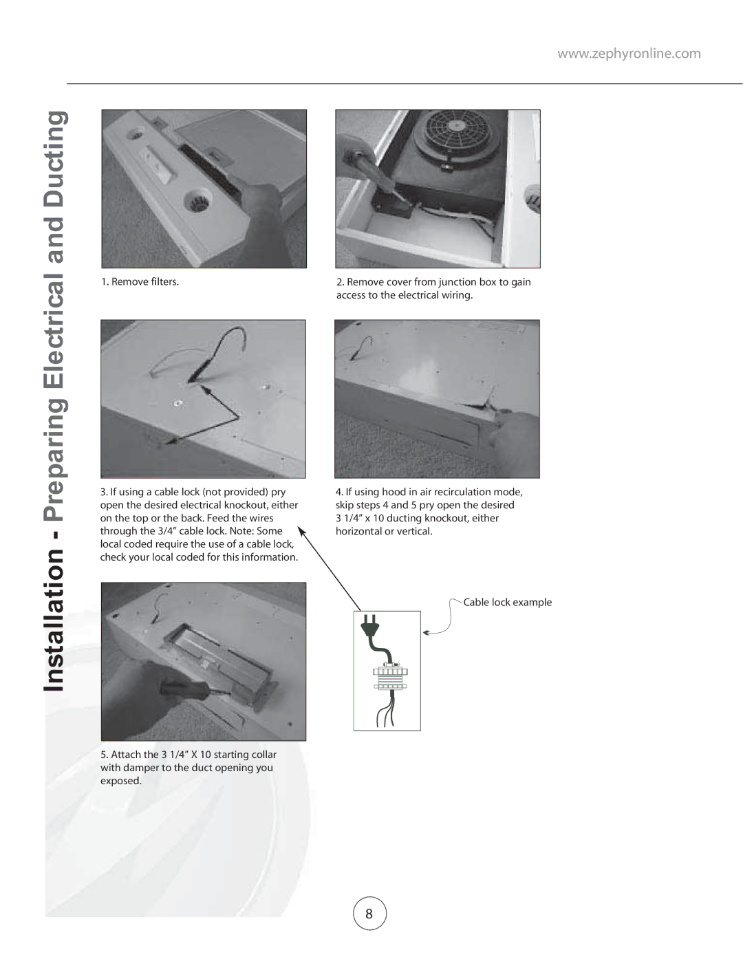 Zephyr AK11365 manual QVWDOODWLRQ3UHSDULQJOHFWULFDODQGXFWLQJ,  2EMOVE Filters , Access to Thehelectrical Wiring  