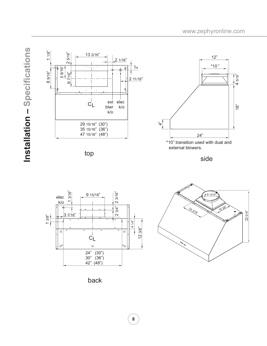 Zephyr AK7536ASX, AK7500ASX, AK7548ASX manual Installation Speciﬁcations, Back 