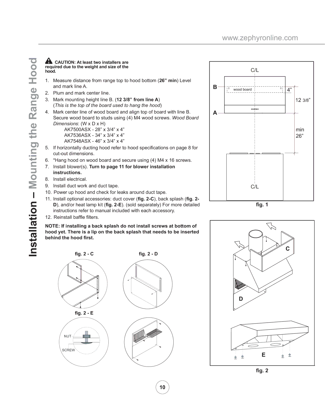 Zephyr AK7500ASX, AK7536ASX, AK7548ASX manual Mounting the Range Hood, This is the top of the board used to hang the hood 