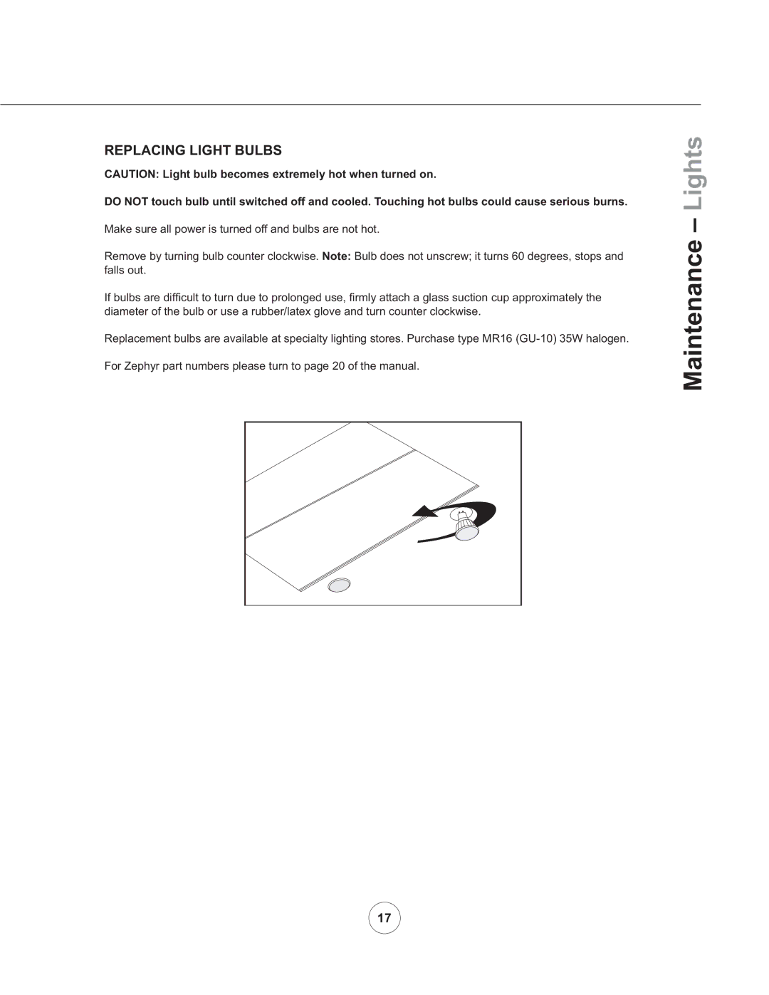 Zephyr AK7536ASX, AK7500ASX, AK7548ASX manual Maintenance Lights, Replacing Light Bulbs 