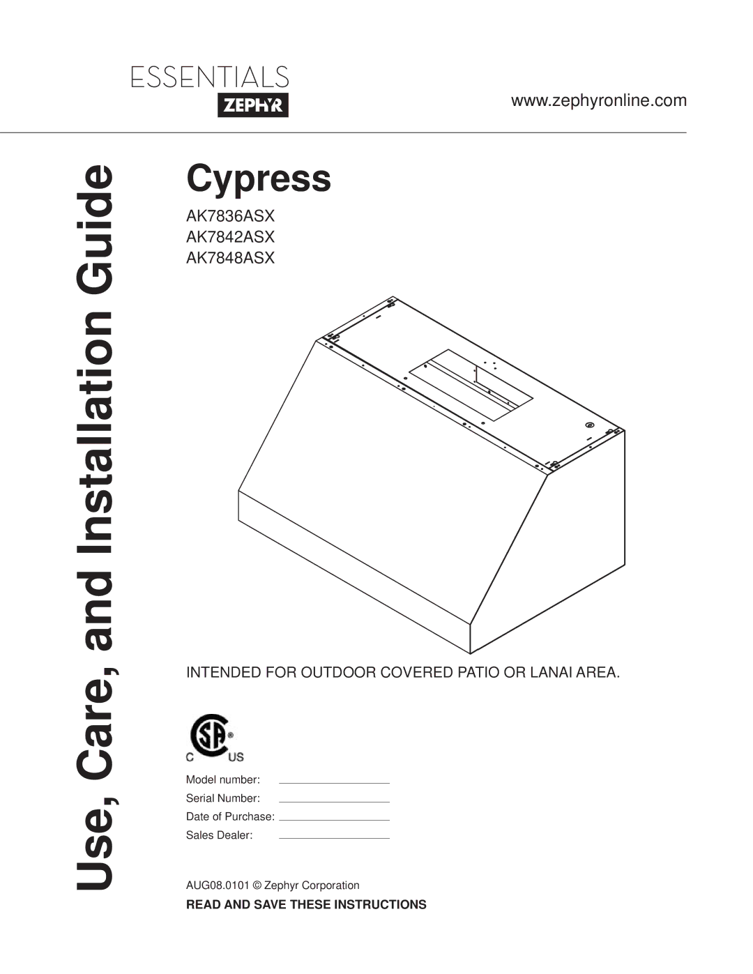 Zephyr AK7848ASX, AK7842ASX, AK7836ASX manual Use, Care, and Installation Guide 