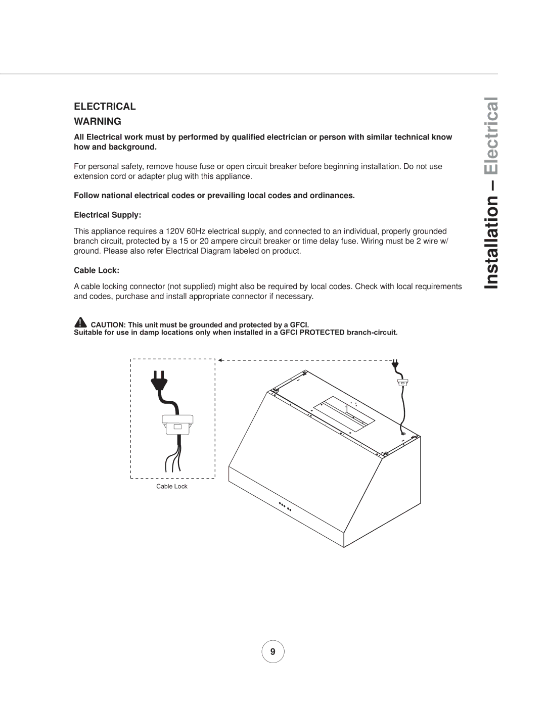 Zephyr AK7836ASX, AK7842ASX, AK7848ASX manual Installation Electrical, Cable Lock 