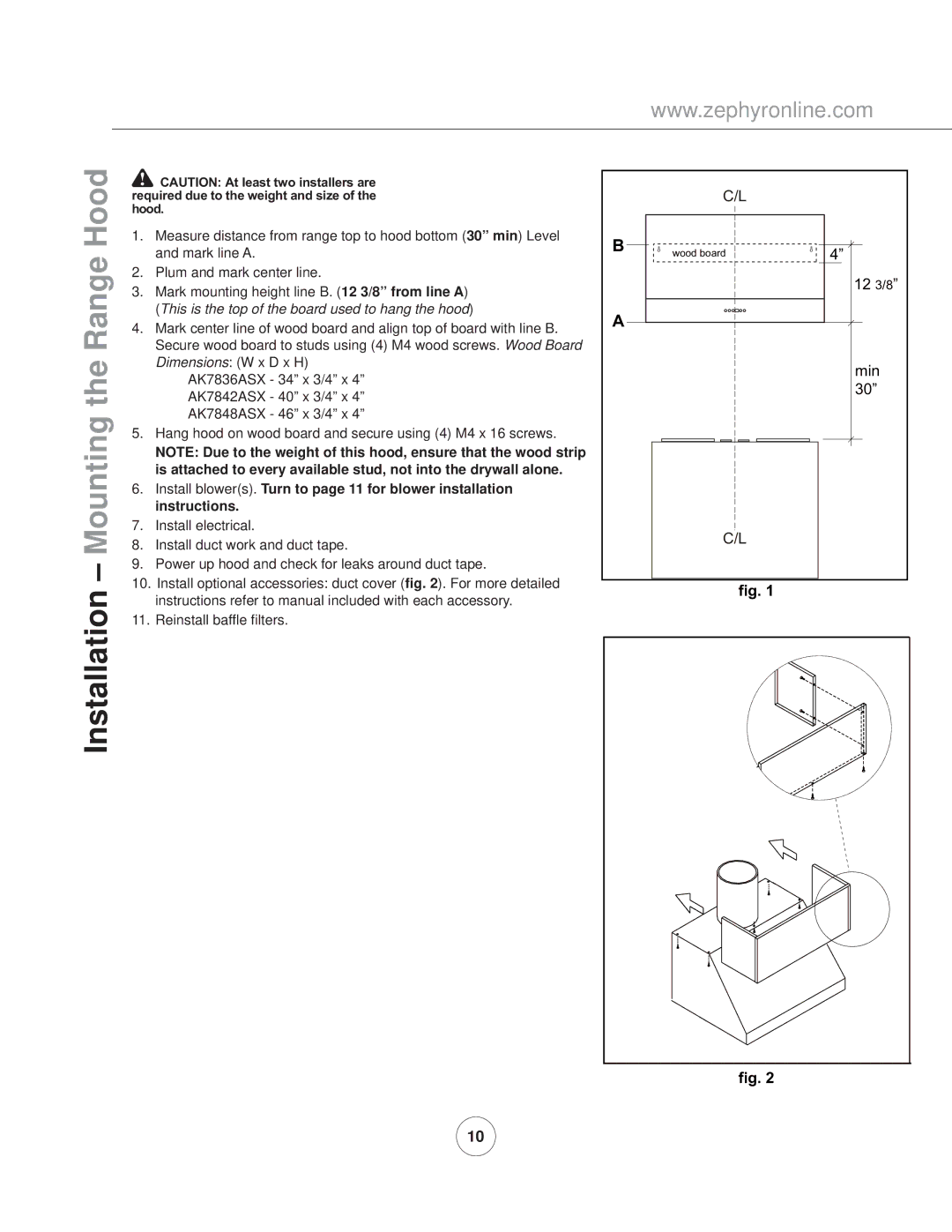 Zephyr AK7842ASX, AK7848ASX, AK7836ASX manual Installation Mounting the Range Hood, 12 3/8 