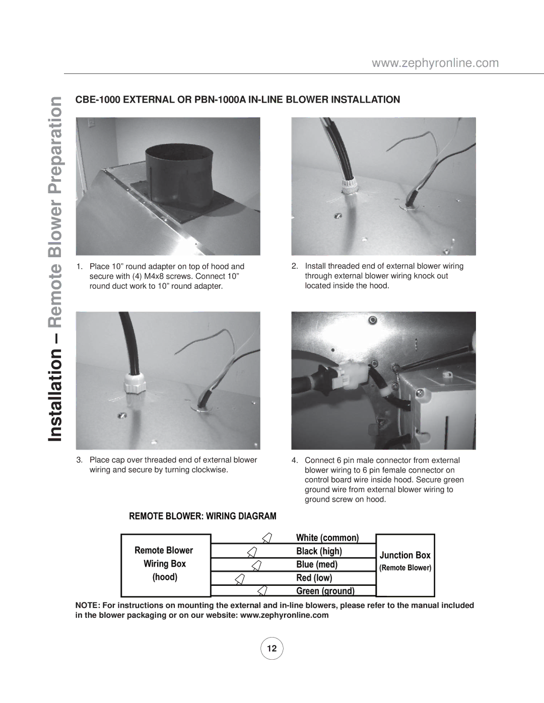 Zephyr AK7836ASX, AK7842ASX, AK7848ASX manual Blower Preparation, CBE-1000 External or PBN-1000A IN-LINE Blower Installation 