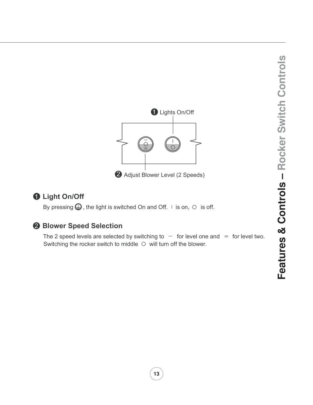 Zephyr AK7842ASX, AK7848ASX, AK7836ASX manual Features & Controls Rocker Switch Controls, Blower Speed Selection 