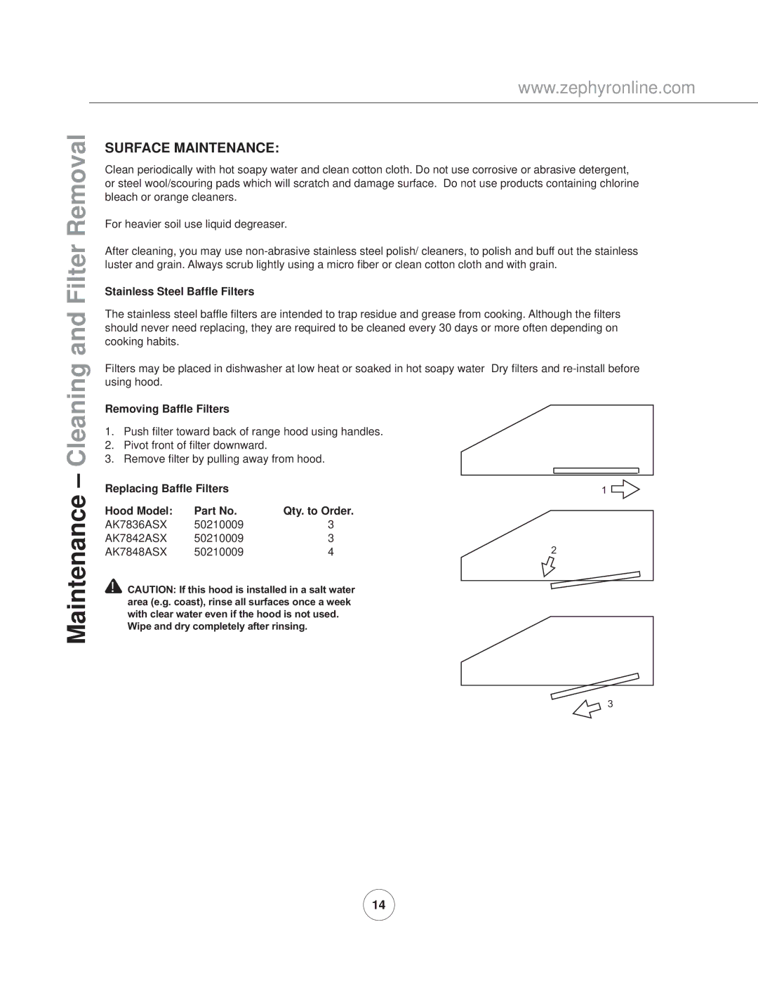 Zephyr AK7848ASX, AK7842ASX, AK7836ASX manual Cleaning and Filter Removal, Surface Maintenance 