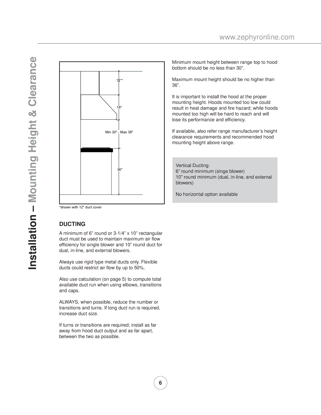 Zephyr AK7836ASX, AK7842ASX, AK7848ASX manual Mounting Height & Clearance, Installation, Ducting 