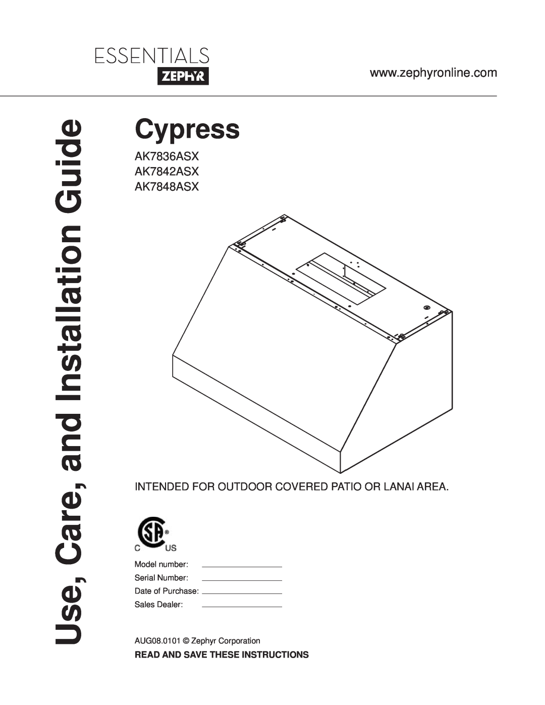 Zephyr AK7848ASX, AK7842ASX, AK7836ASX manual Read And Save These Instructions, Use, Care, and Installation Guide, Cypress 