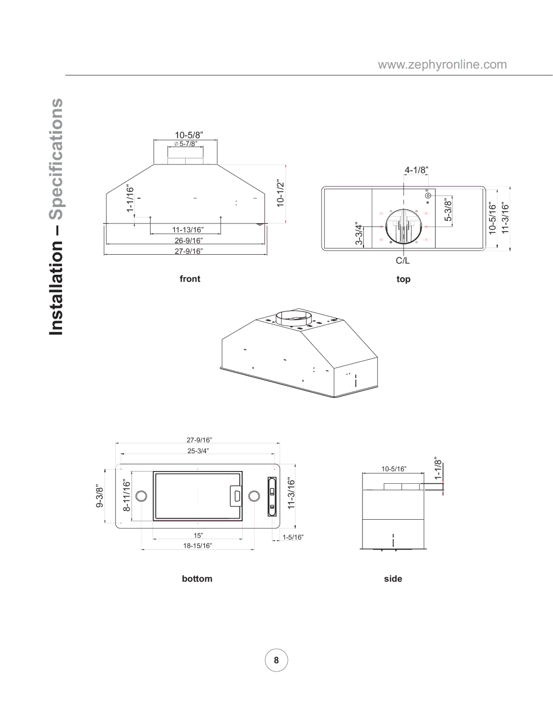 Zephyr AK8100AS manual Installation Speciﬁcations 