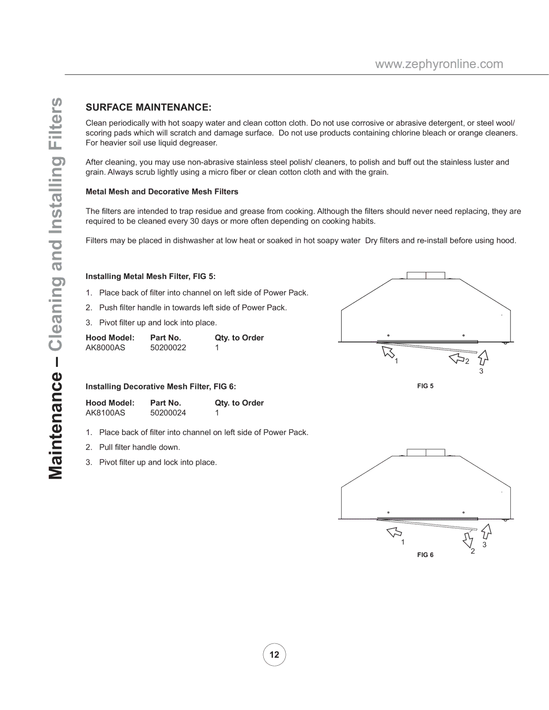 Zephyr AK8100AS Maintenance Cleaning and Installing Filters, Surface Maintenance, Metal Mesh and Decorative Mesh Filters 