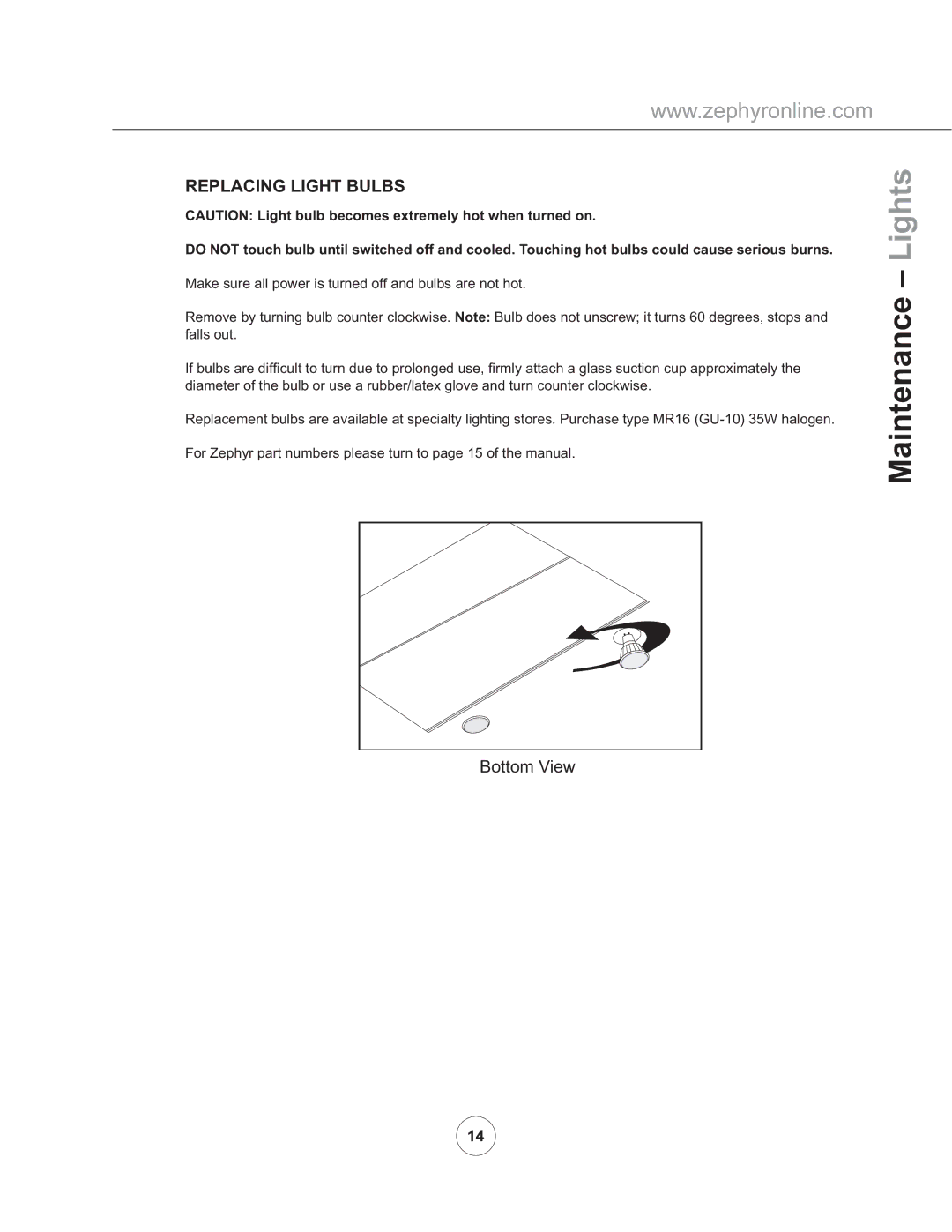 Zephyr AK8100AS manual Maintenance Lights, Replacing Light Bulbs 