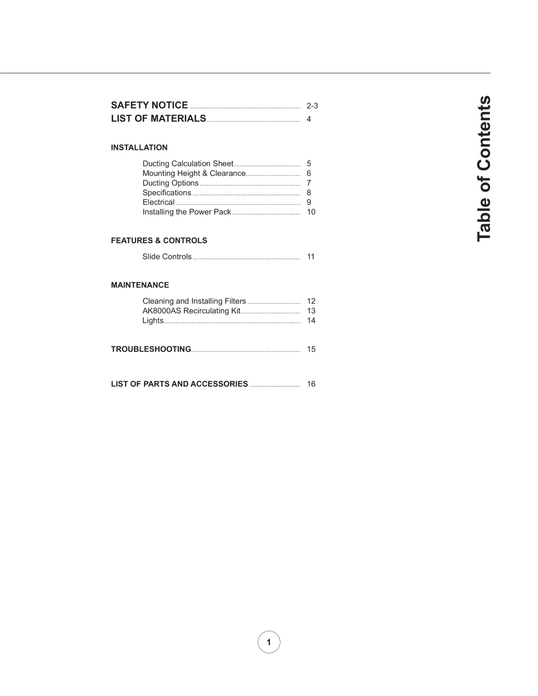 Zephyr AK8100AS manual Table of Contents, Installation 