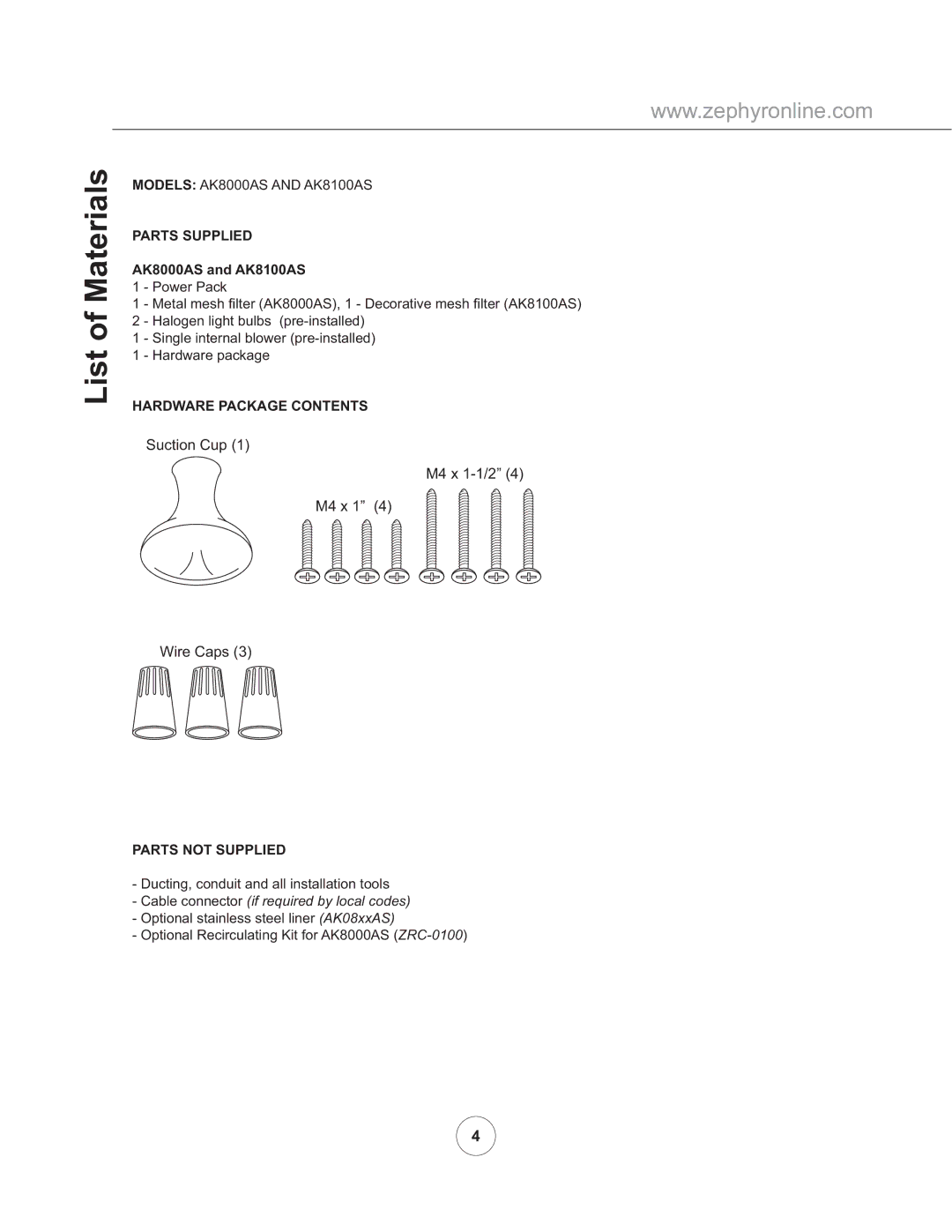 Zephyr manual List of Materials, AK8000AS and AK8100AS 