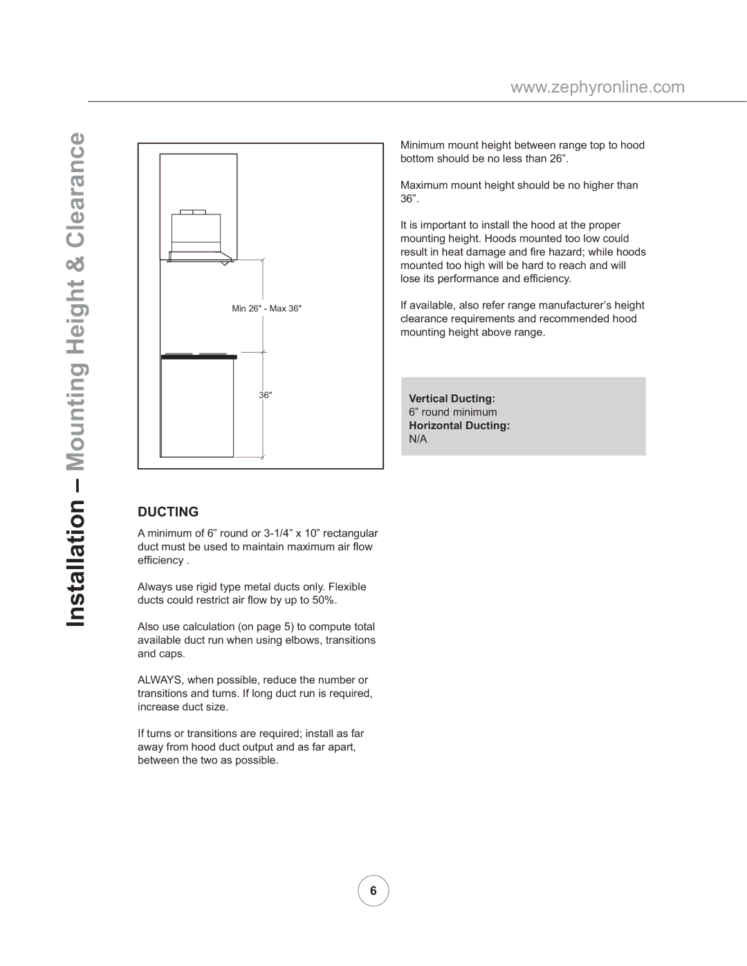 Zephyr AK8100AS manual Mounting Height & Clearance, Vertical Ducting, Horizontal Ducting 