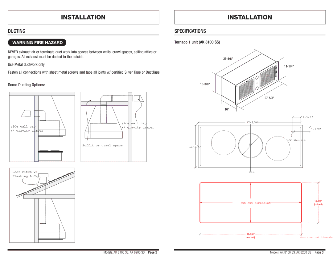 Zephyr AK8100, AK8200 manual Installation, Ducting Specifications, Some Ducting Options Tornado 1 unit AK 8100 SS 