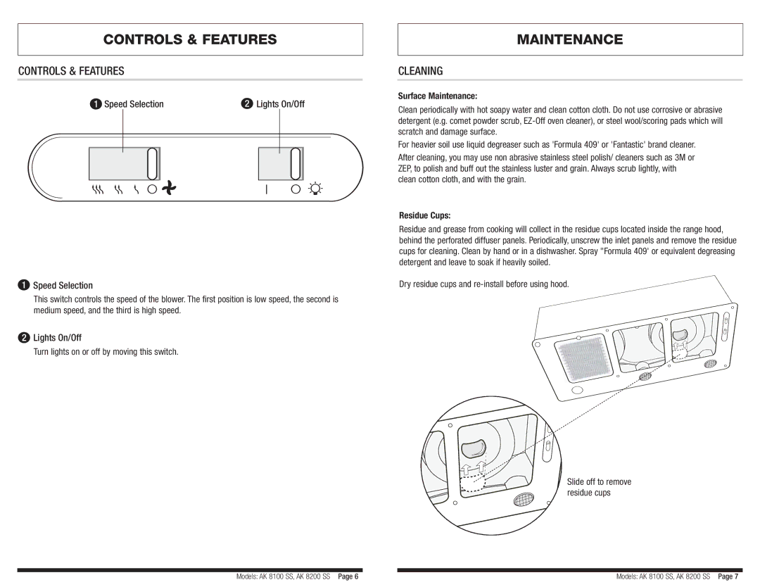 Zephyr AK8100, AK8200 manual Controls & Features, Maintenance, Cleaning 