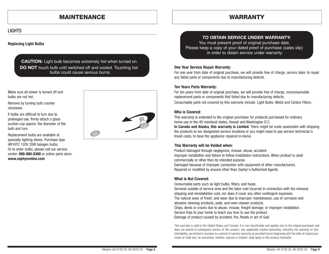 Zephyr AK8200, AK8100 manual Warranty, Lights 