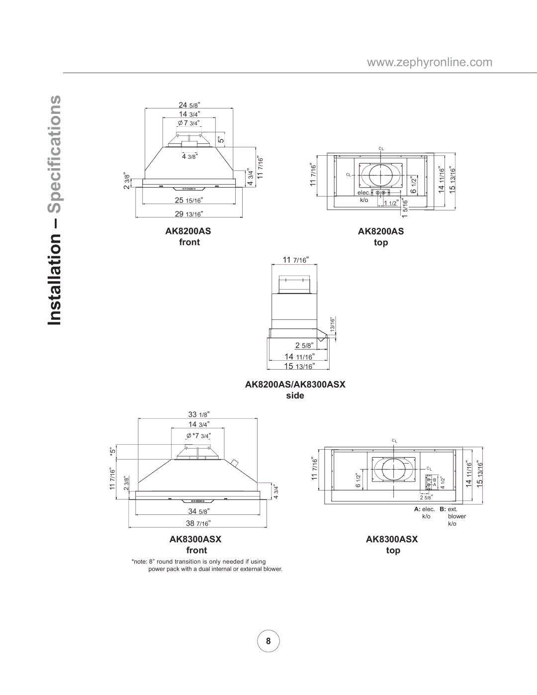 Zephyr AK8200AS, AK8300ASX manual Speciﬁcations 