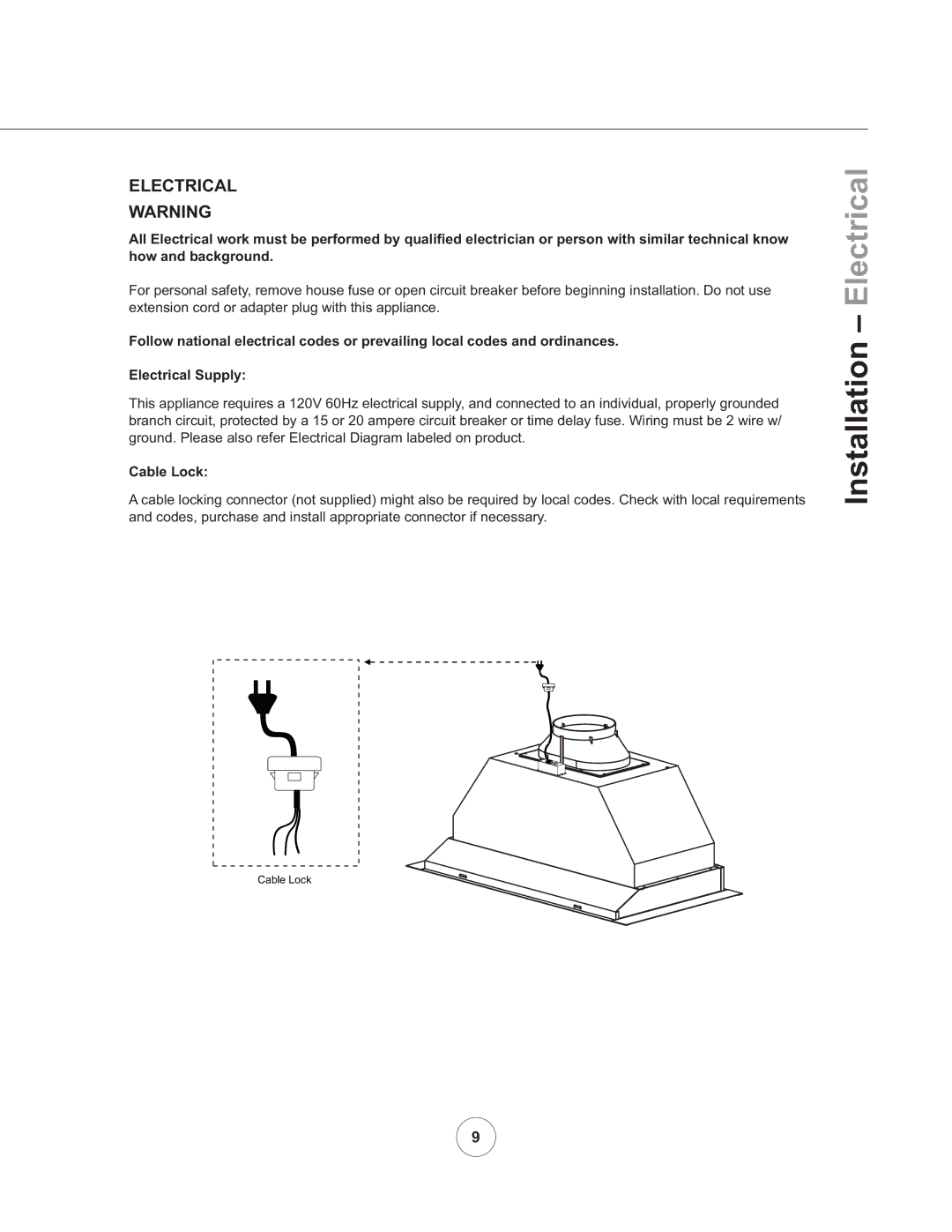 Zephyr AK8300ASX, AK8200AS manual Installation Electrical, Cable Lock 