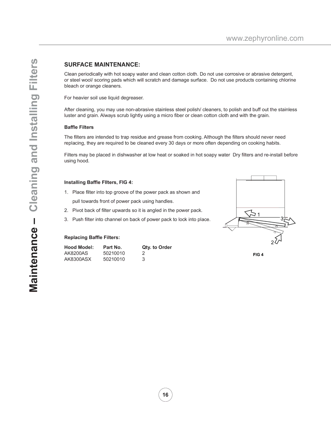 Zephyr AK8200AS, AK8300ASX manual Installing Filters, Maintenance Cleaning, Surface Maintenance 