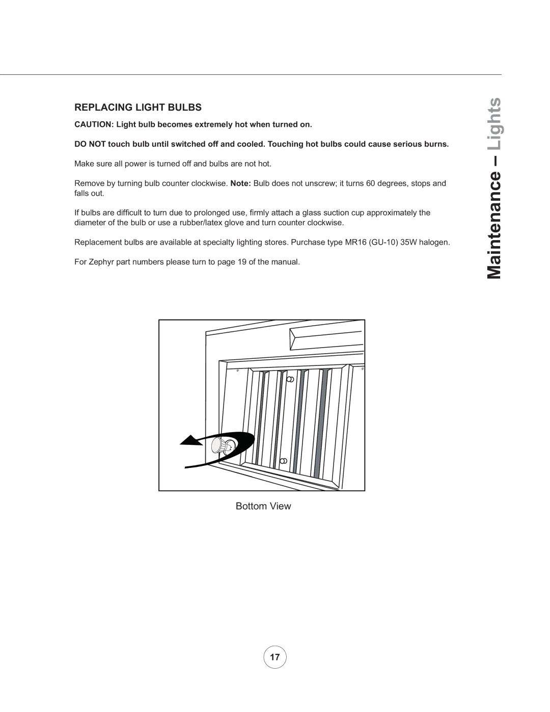 Zephyr AK8300ASX, AK8200AS manual Maintenance Lights, Replacing Light Bulbs 