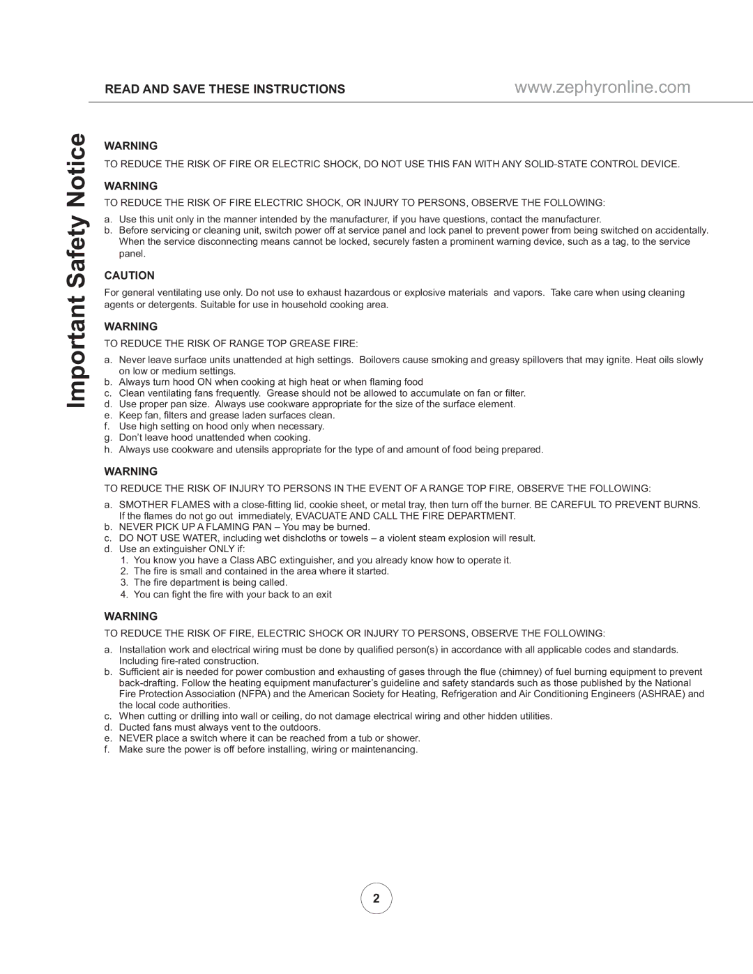 Zephyr AK8200AS, AK8300ASX manual Important Safety Notice, To Reduce the Risk of Range TOP Grease Fire 