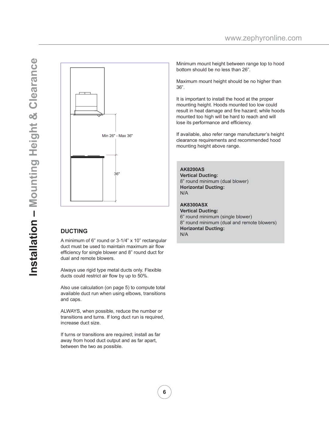 Zephyr AK8300ASX manual Installation Mounting Height & Clearance, AK8200AS Vertical Ducting, Horizontal Ducting 