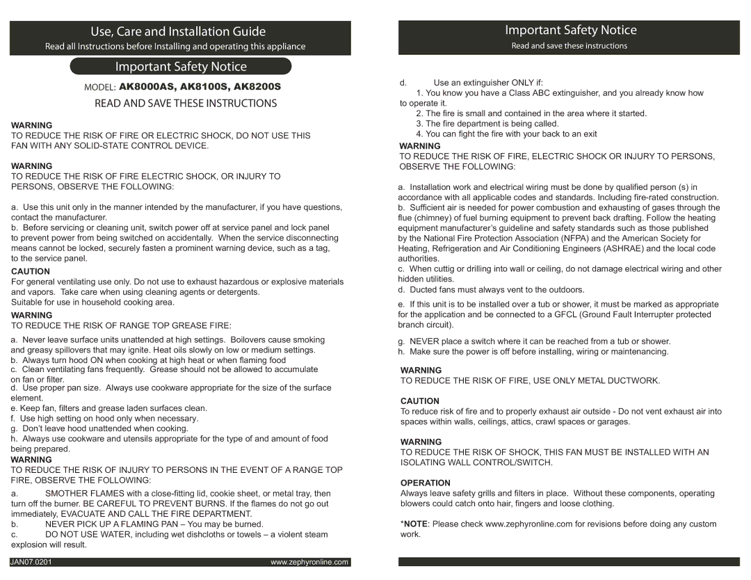 Zephyr manual Read and Save These Instructions, Model AK8000AS, AK8100S, AK8200S 