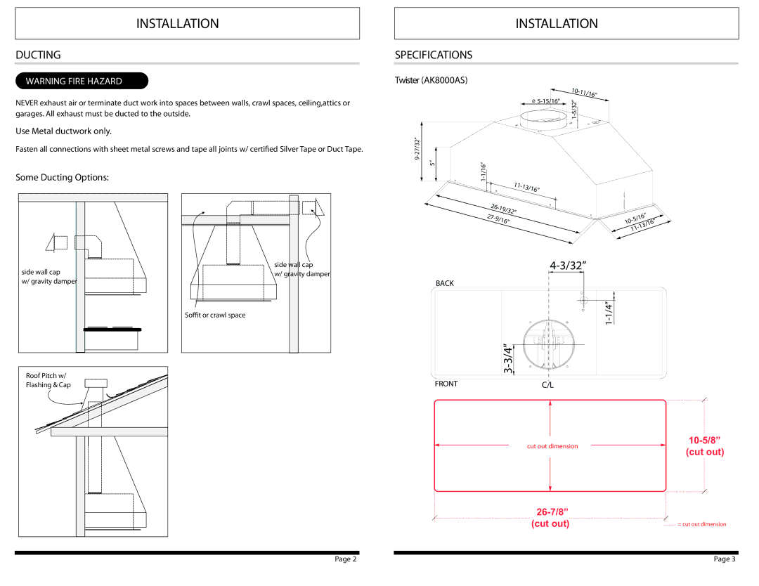 Zephyr AK8200S, AK8100S manual Ducting Specifications, Use Metal ductwork only, Twister AK8000AS, Some Ducting Options 