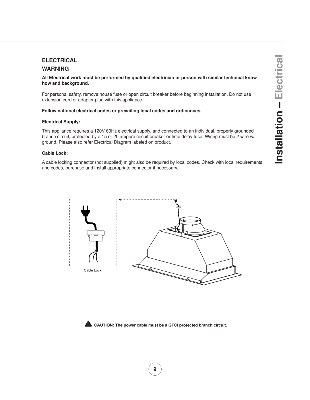 Zephyr AK8800AS, AK8800AG manual Installation Electrical, Cable Lock 