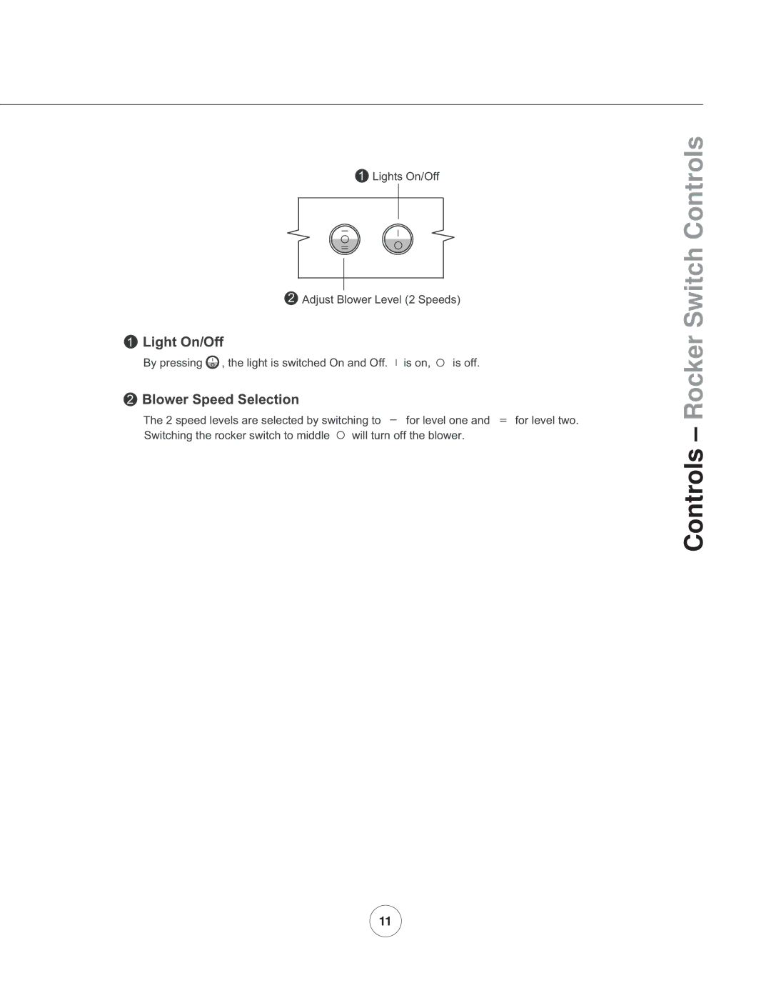 Zephyr AK8800AS, AK8800AG manual Controls Rocker Switch Controls, Blower Speed Selection 
