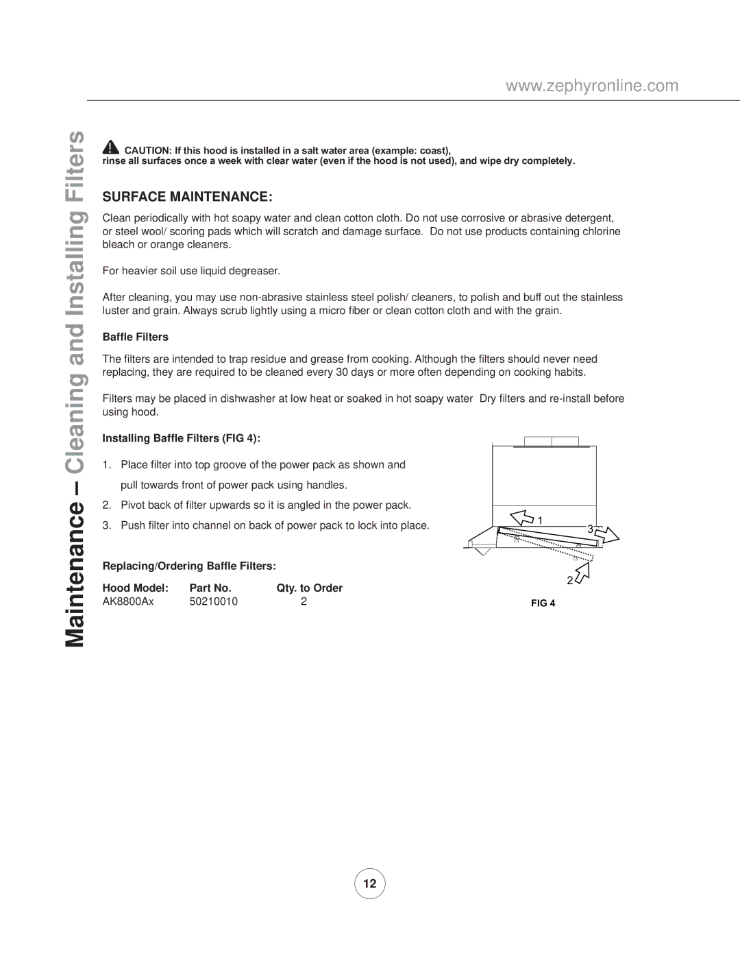 Zephyr AK8800AG, AK8800AS manual Surface Maintenance, Installing Bafﬂe Filters FIG 