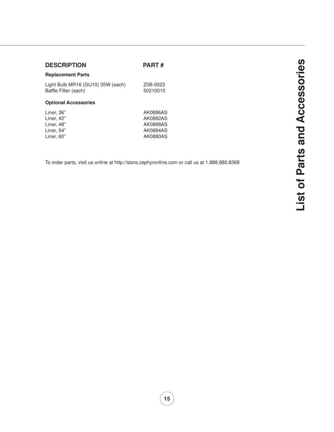 Zephyr AK8800AS, AK8800AG manual List of Parts and Accessories, Description, Replacement Parts, Optional Accessories 