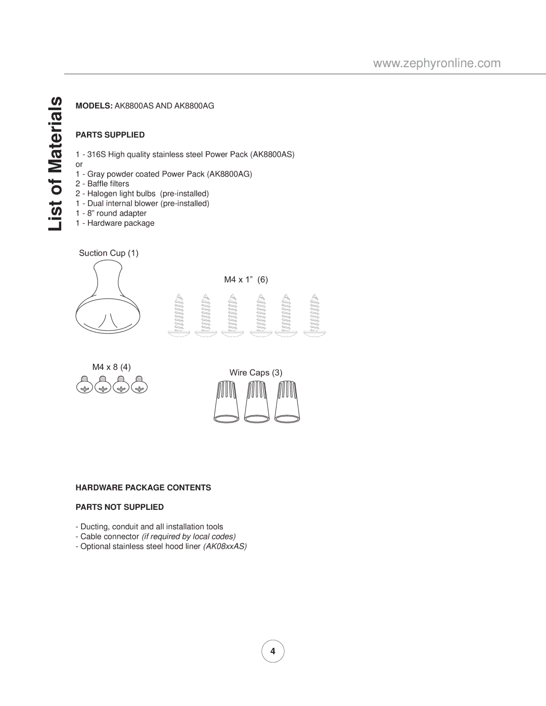 Zephyr AK8800AG, AK8800AS manual List of Materials, Parts Supplied 