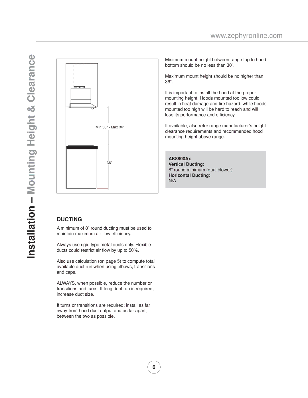 Zephyr AK8800AG, AK8800AS manual Mounting Height & Clearance, AK8800Ax Vertical Ducting, Horizontal Ducting 
