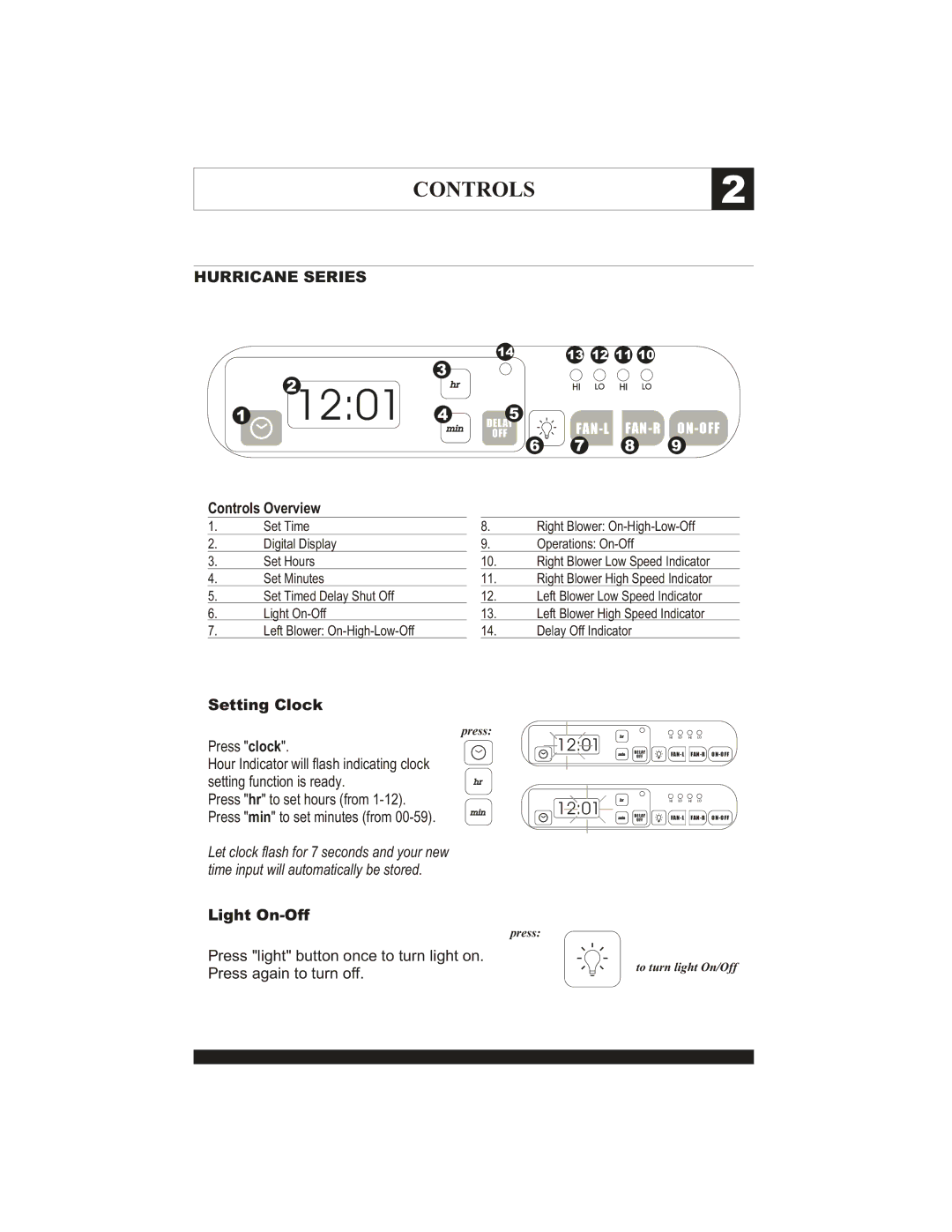 Zephyr AK6000, AK9800, AK2000 manual Controls Overview, Setting Clock, Light On-Off 