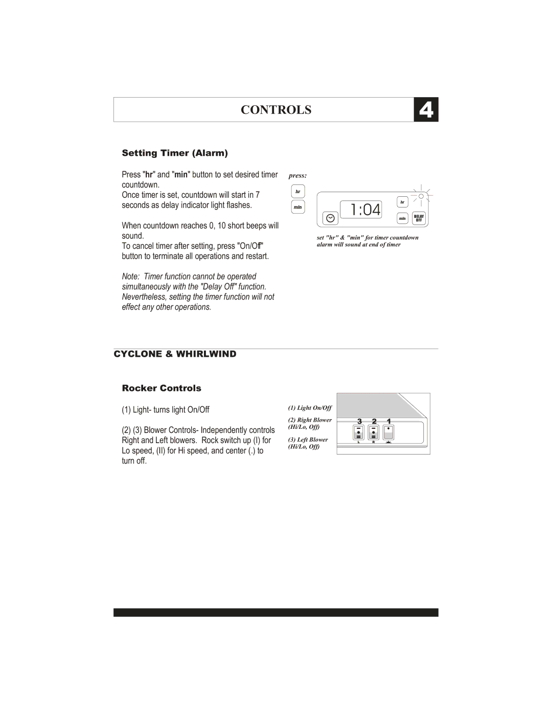 Zephyr AK9800, AK6000, AK2000 manual Setting Timer Alarm, Cyclone & Whirlwind, Rocker Controls 